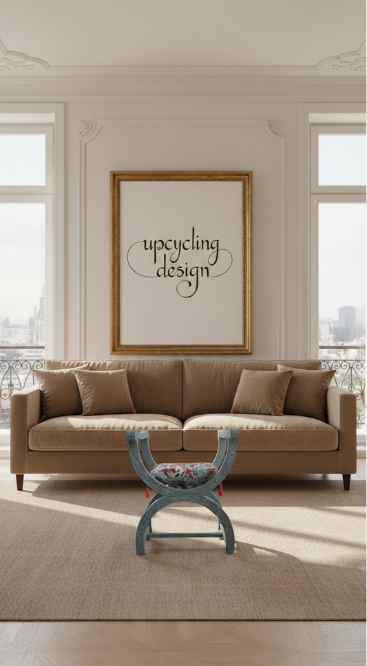 Fauteuil Dagobert en acajou - Bleu poétique avec son coussin