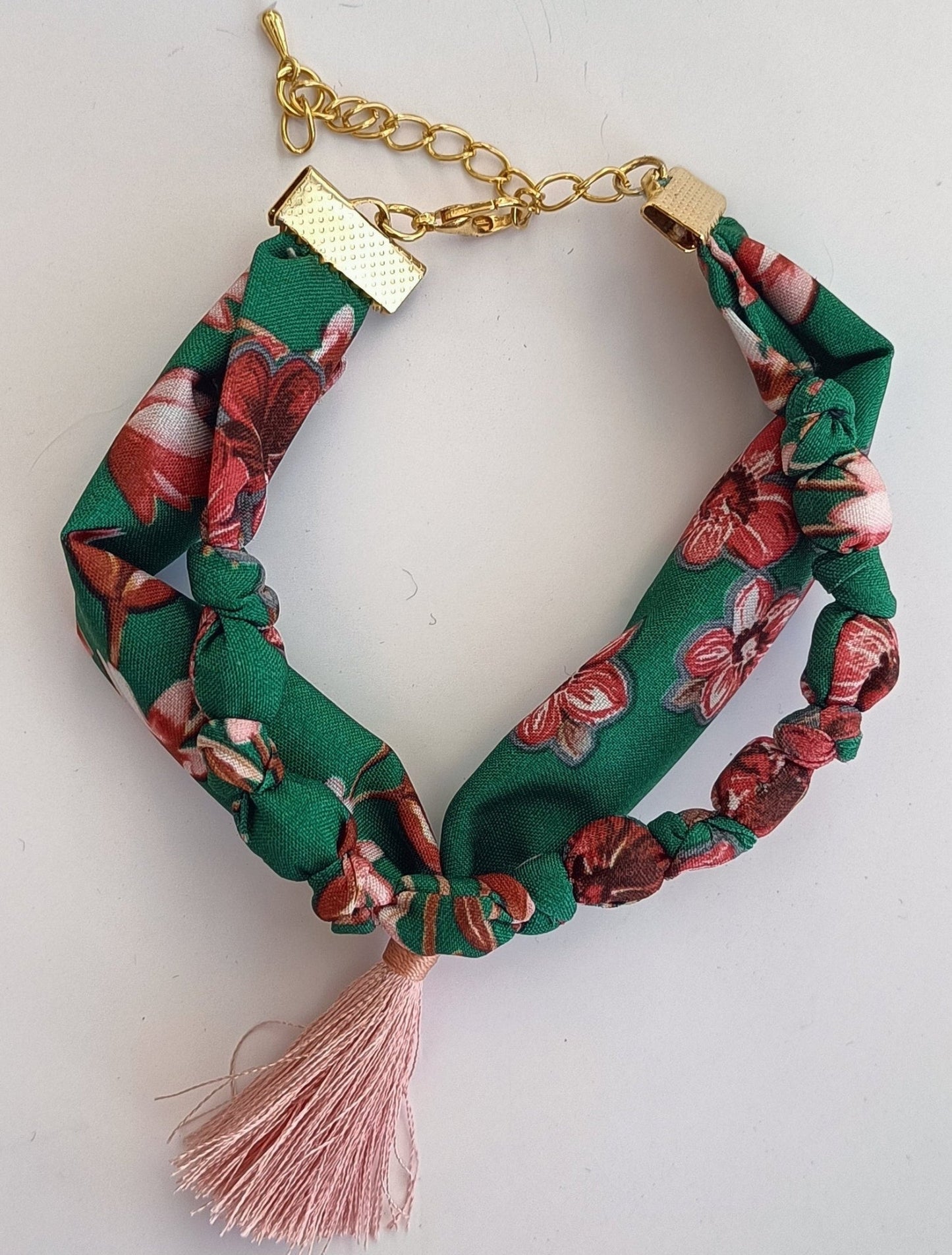 Bracelet double rang – Vert bohème fleuri - Pompon Corail