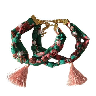 Bracelet double rang – Vert bohème fleuri - Pompon Corail