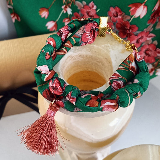 Bracelet double rang – Vert bohème fleuri - Pompon Terracota