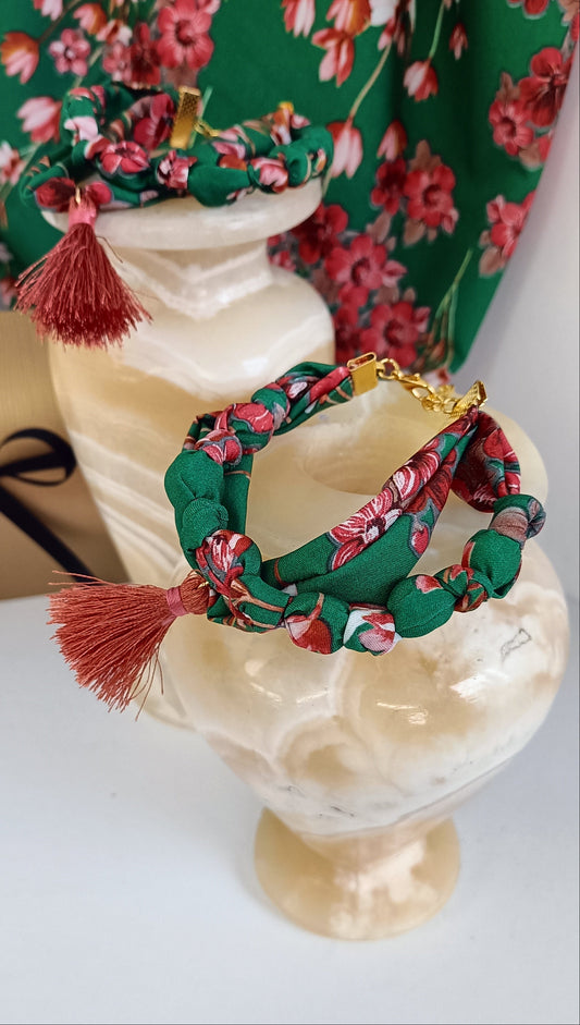 Bracelet double rang – Vert bohème fleuri - Pompon Terracota