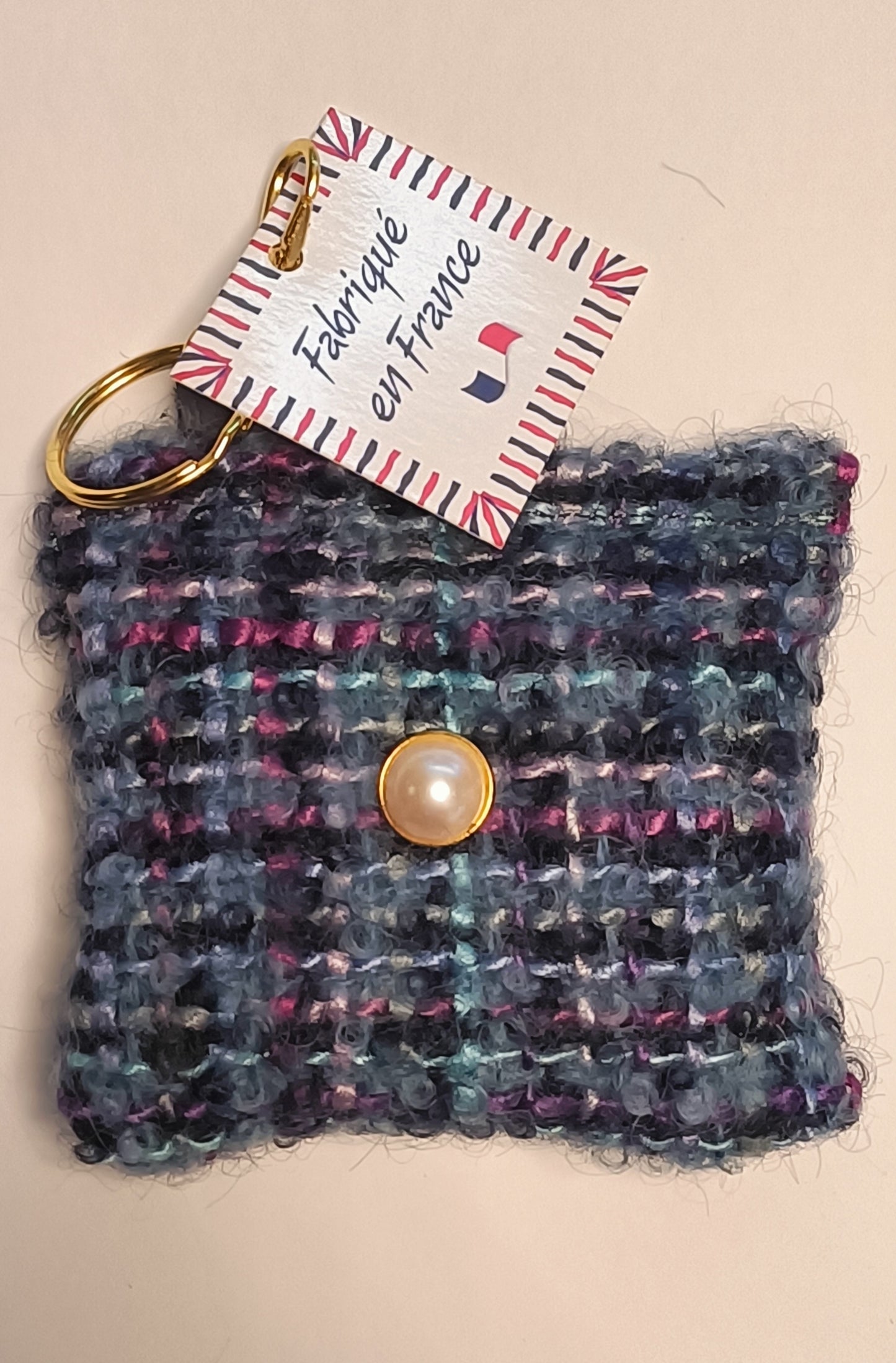 Porte-clés en tweed, cuir et sa perle de culture fantaisie