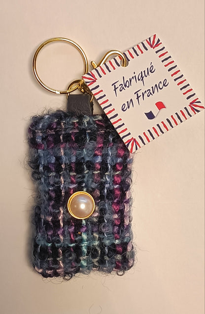 Porte-clés en tweed, cuir et sa perle de culture fantaisie