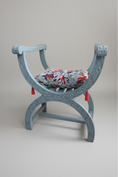 Fauteuil Dagobert en acajou - Bleu poétique avec son coussin