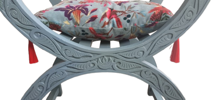 Fauteuil Dagobert en acajou - Bleu poétique avec son coussin