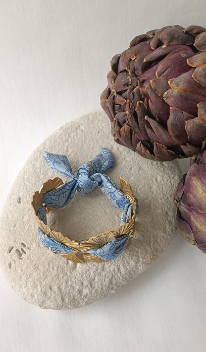 Manchette plaqué or Ginko - Soie bleue