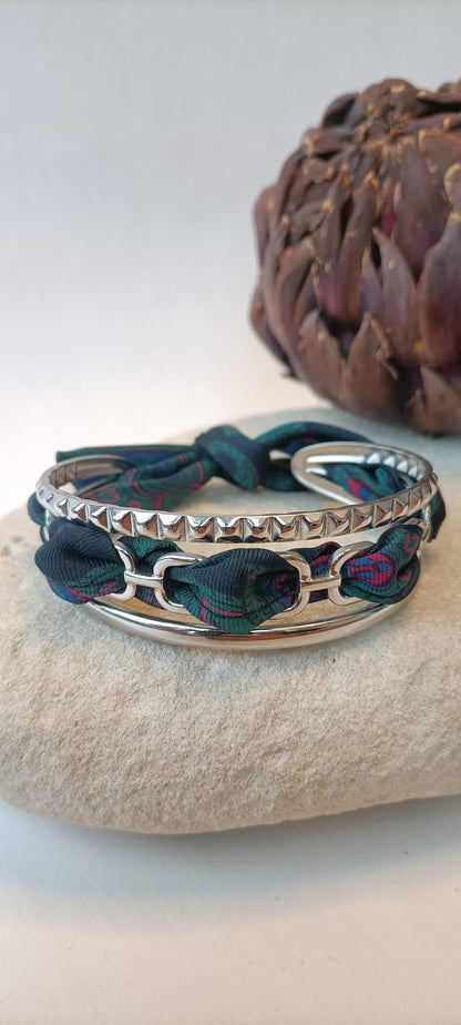 Bracelet argenté Iconique & soie grise/bordeaux