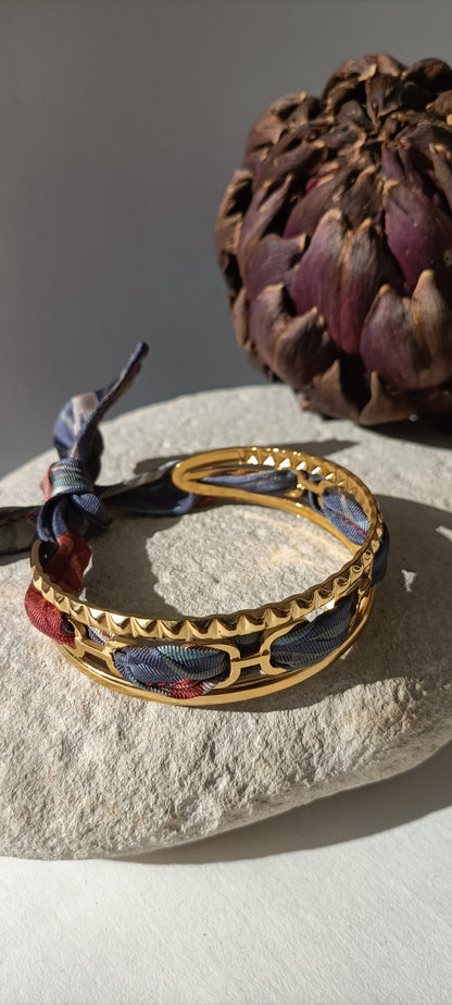 Bracelet plaqué or Iconique & soie grise/bordeaux