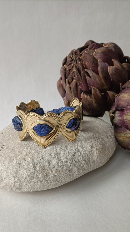 Manchette plaqué or Coeur - Soie bleue