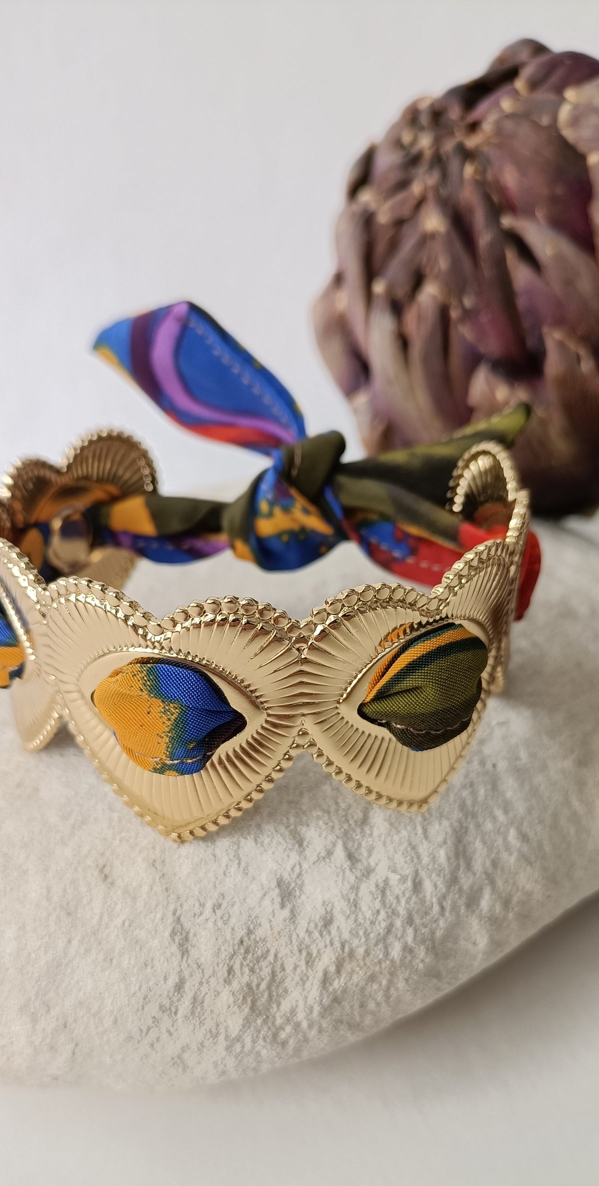 Manchette plaqué or Coeur - Soie multicolore
