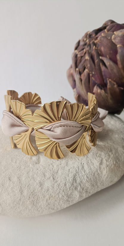 Manchette plaqué or Ginko - Soie beige