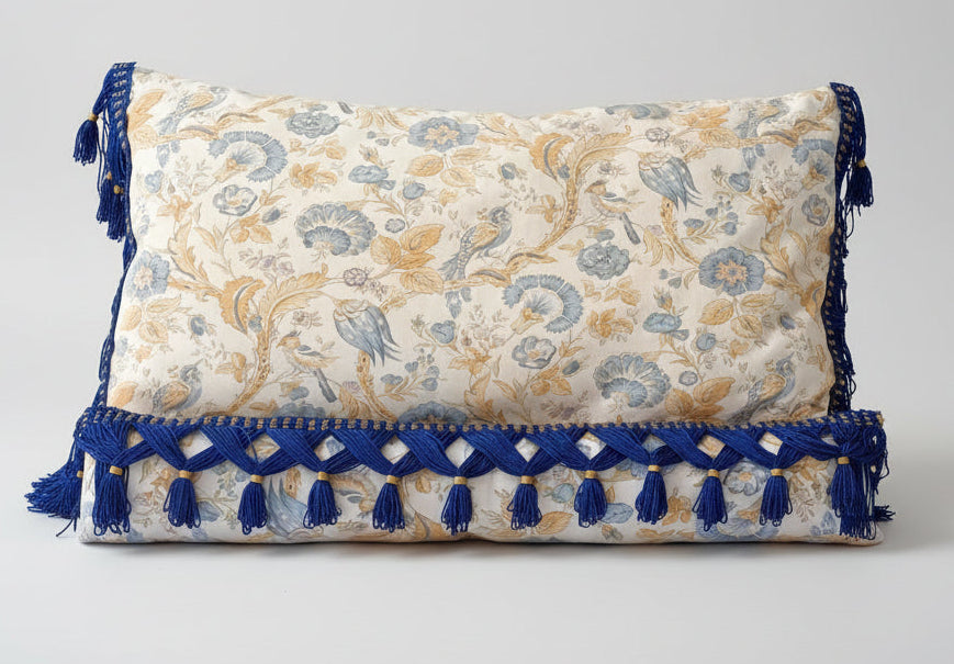 Coussin oiseaux et fleurs - bleu & ocre