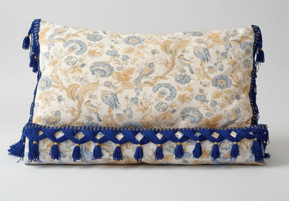 Coussin oiseaux et fleurs - bleu & ocre