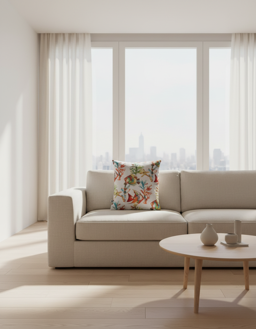 Coussin motifs marins et velours bleu