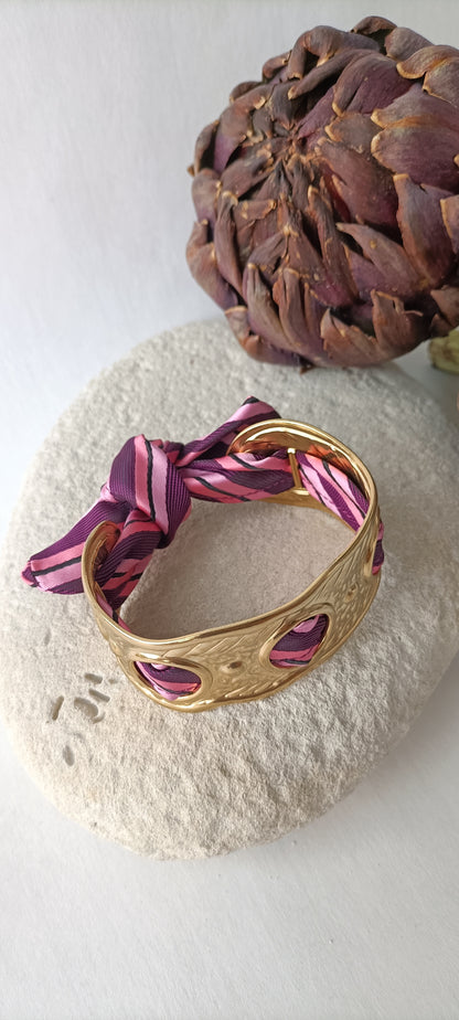 Manchette plaqué or & ruban soie violet/rose