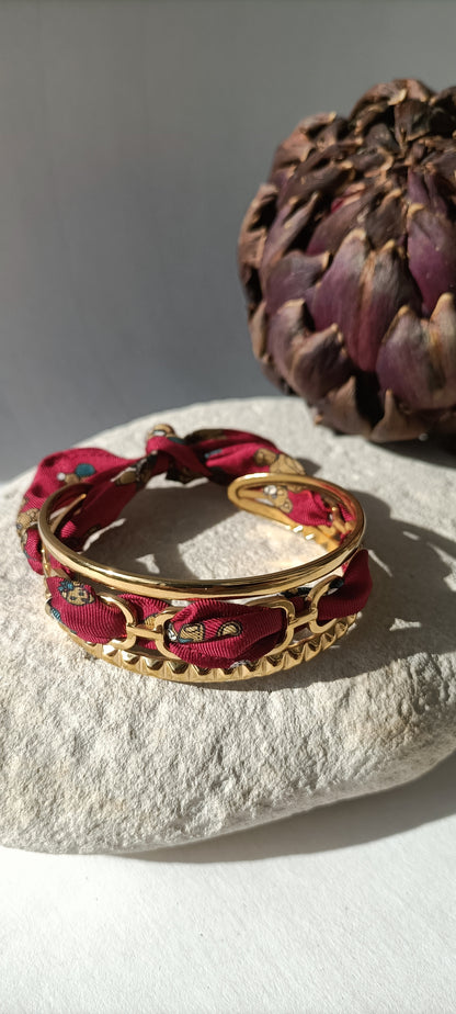 Bracelet plaqué or Iconique & soie bordeaux
