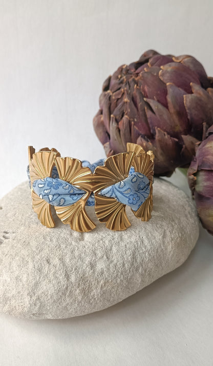 Manchette plaqué or Ginko - Soie bleue