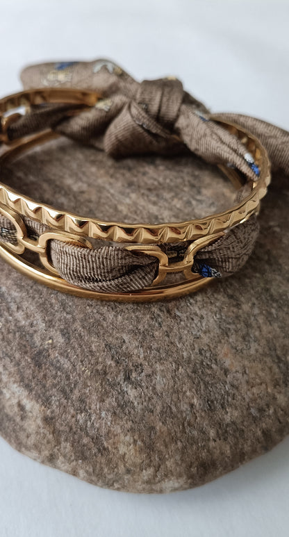 Manchette acier inoxydable plaqué or 18K & ruban soie