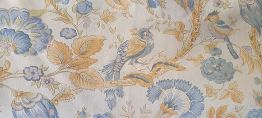 Coussin oiseaux et fleurs - bleu & ocre