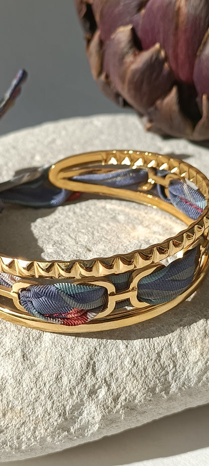 Bracelet plaqué or Iconique & soie grise/bordeaux