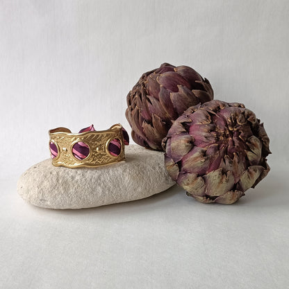 Manchette plaqué or & ruban soie violet/rose