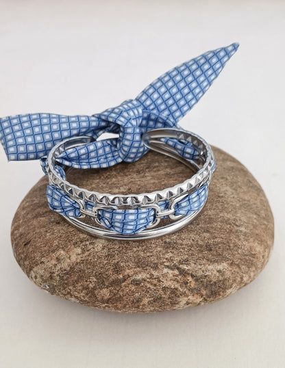 Bracelet acier inoxydable argenté & son ruban soie