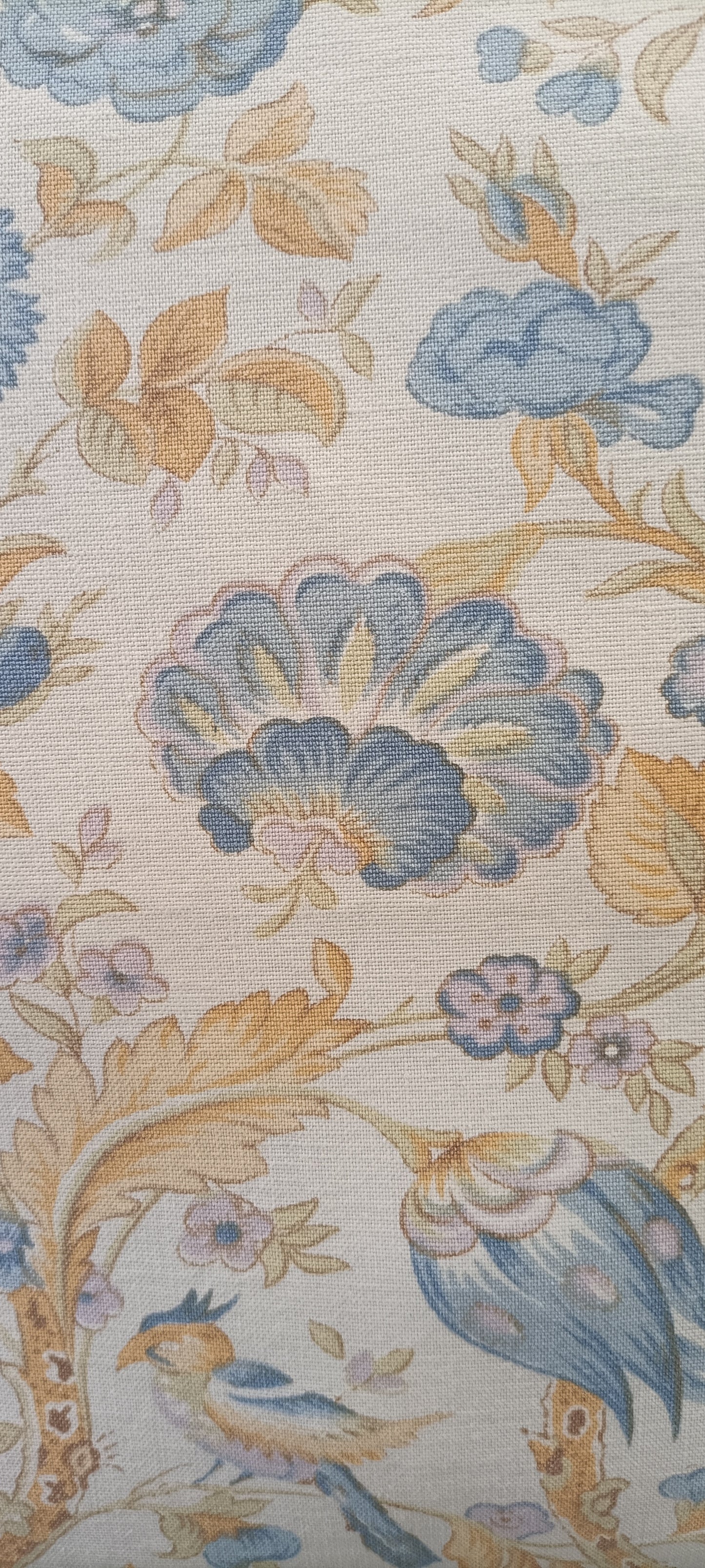 Coussin long - oiseaux et fleurs - bleu & ocre
