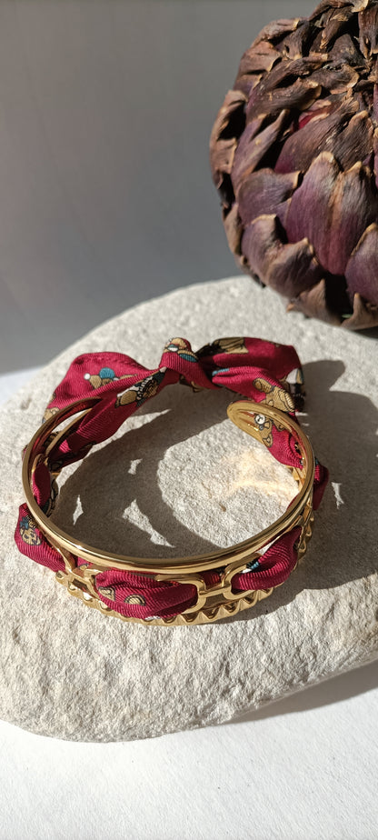 Bracelet plaqué or Iconique & soie bordeaux