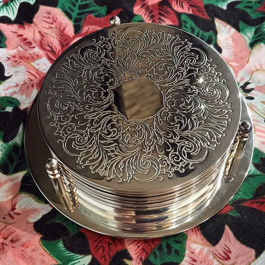 Sous-verres et support en métal argenté 80's