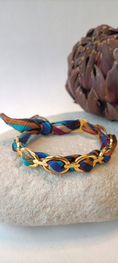 Bracelet fin plaqué or & soie multicolore