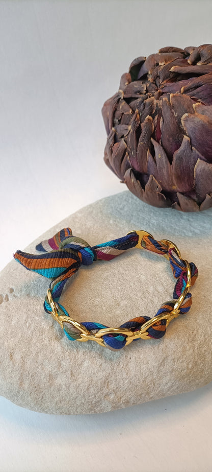 Bracelet fin plaqué or & soie multicolore