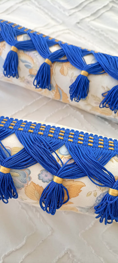 Coussin long - oiseaux et fleurs - bleu & ocre