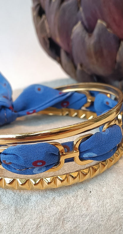 Bracelet plaqué or Iconique & soie bleue