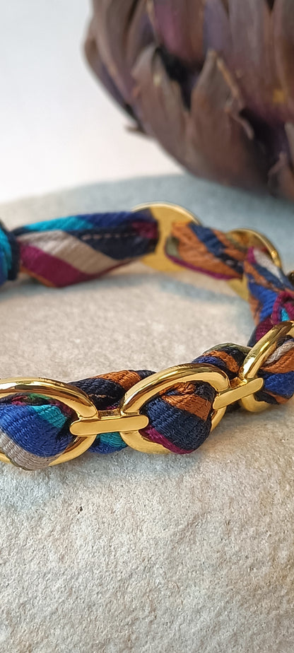 Bracelet fin plaqué or & soie multicolore