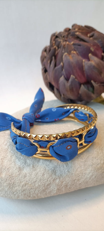 Bracelet plaqué or Iconique & soie bleue