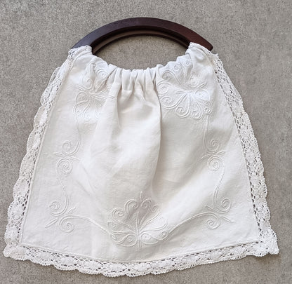 Tote Bag Vintage - coton brodé et dentelle