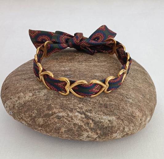 Bracelet plaqué or coeur & son ruban soie