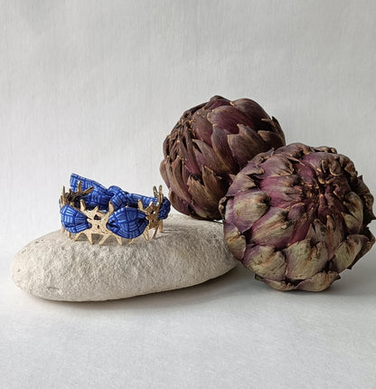 Bracelet plaqué or Corail & soie  bleue