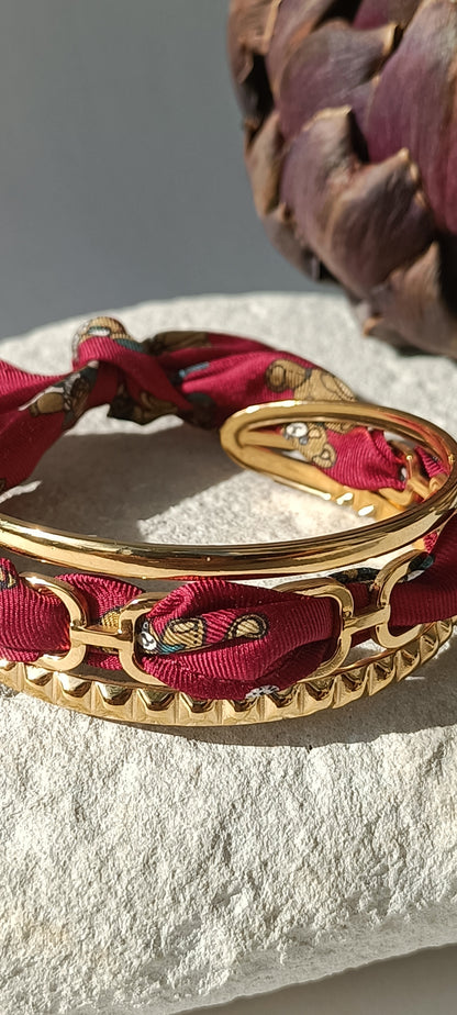 Bracelet plaqué or Iconique & soie bordeaux