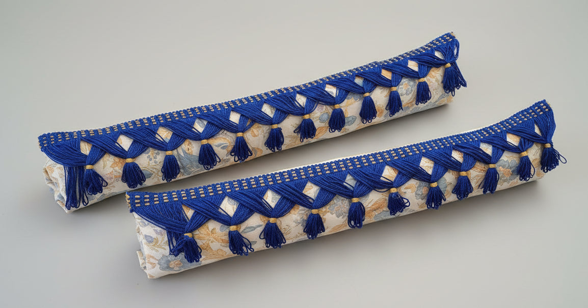 Coussin long - oiseaux et fleurs - bleu & ocre