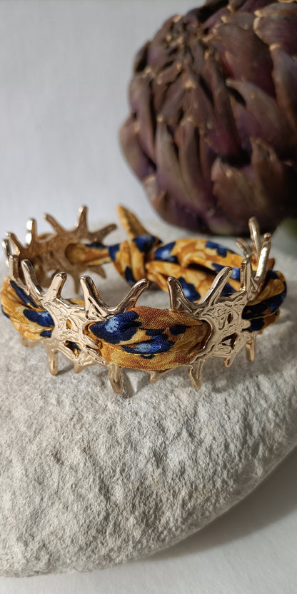 Bracelet plaqué or Corail & soie  jaune/bleue