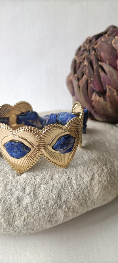 Manchette plaqué or Coeur - Soie bleue